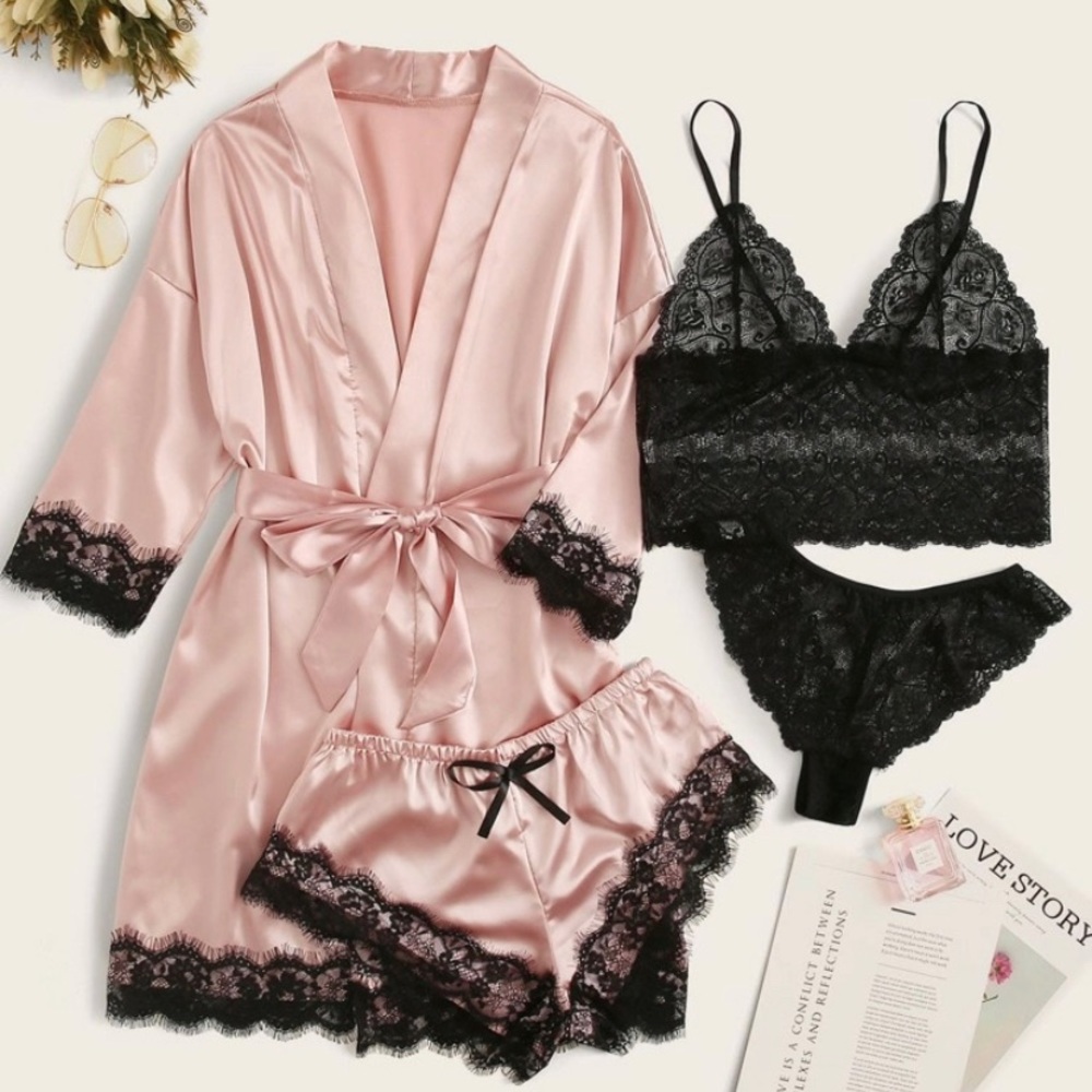 4 piece satin lingerie set with belted silk robe